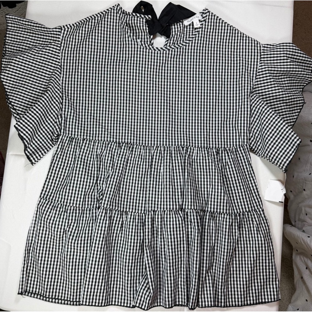 Hailey & Co Womens Black White Gingham Tiered Babydoll Flutter Sleeve Top S